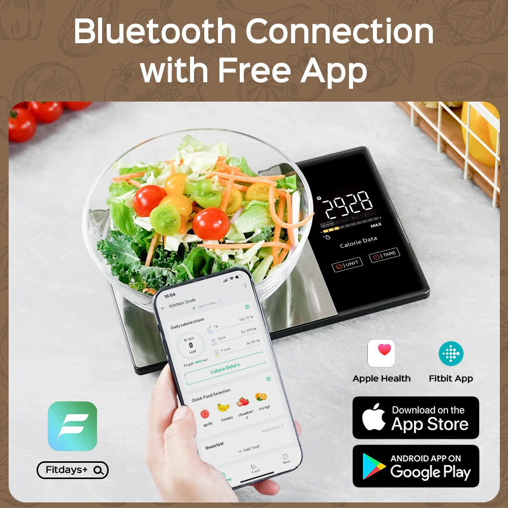 5kg Kitchen Food Scale, Smart Food Calorie Scale Kitchen Cooking Baking Scales, Stainless Steel Nutrition Scale with Free App