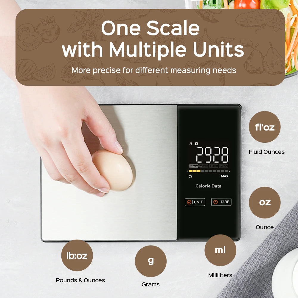 5kg Kitchen Food Scale, Smart Food Calorie Scale Kitchen Cooking Baking Scales, Stainless Steel Nutrition Scale with Free App
