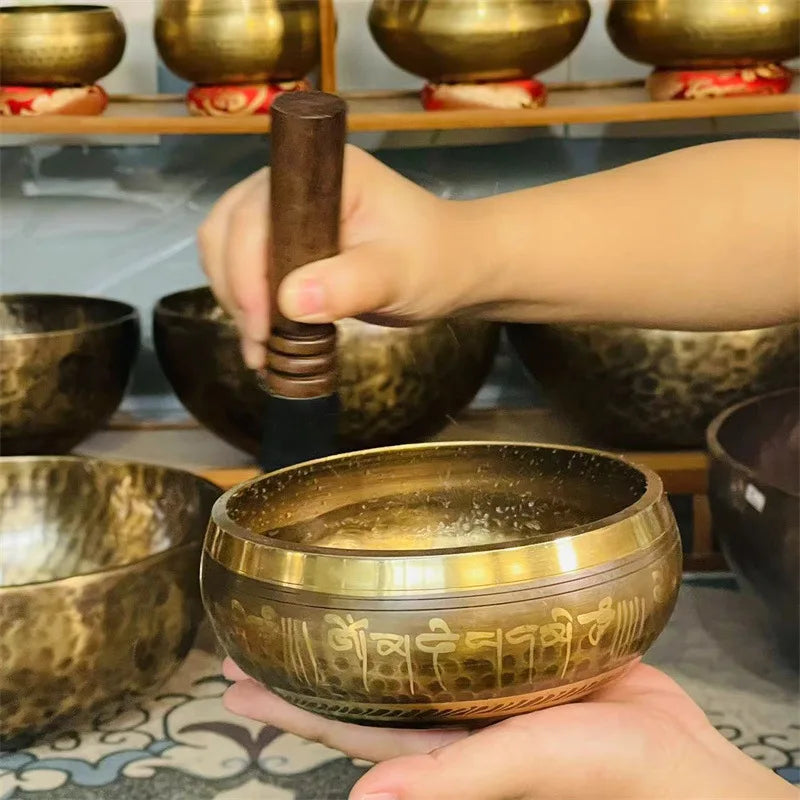 Brass Singing Bowl Tibetan Sanskrit Handmade Yoga Meditation Instrument for Sound Healing Stress Relief Buddha Mindfulness
