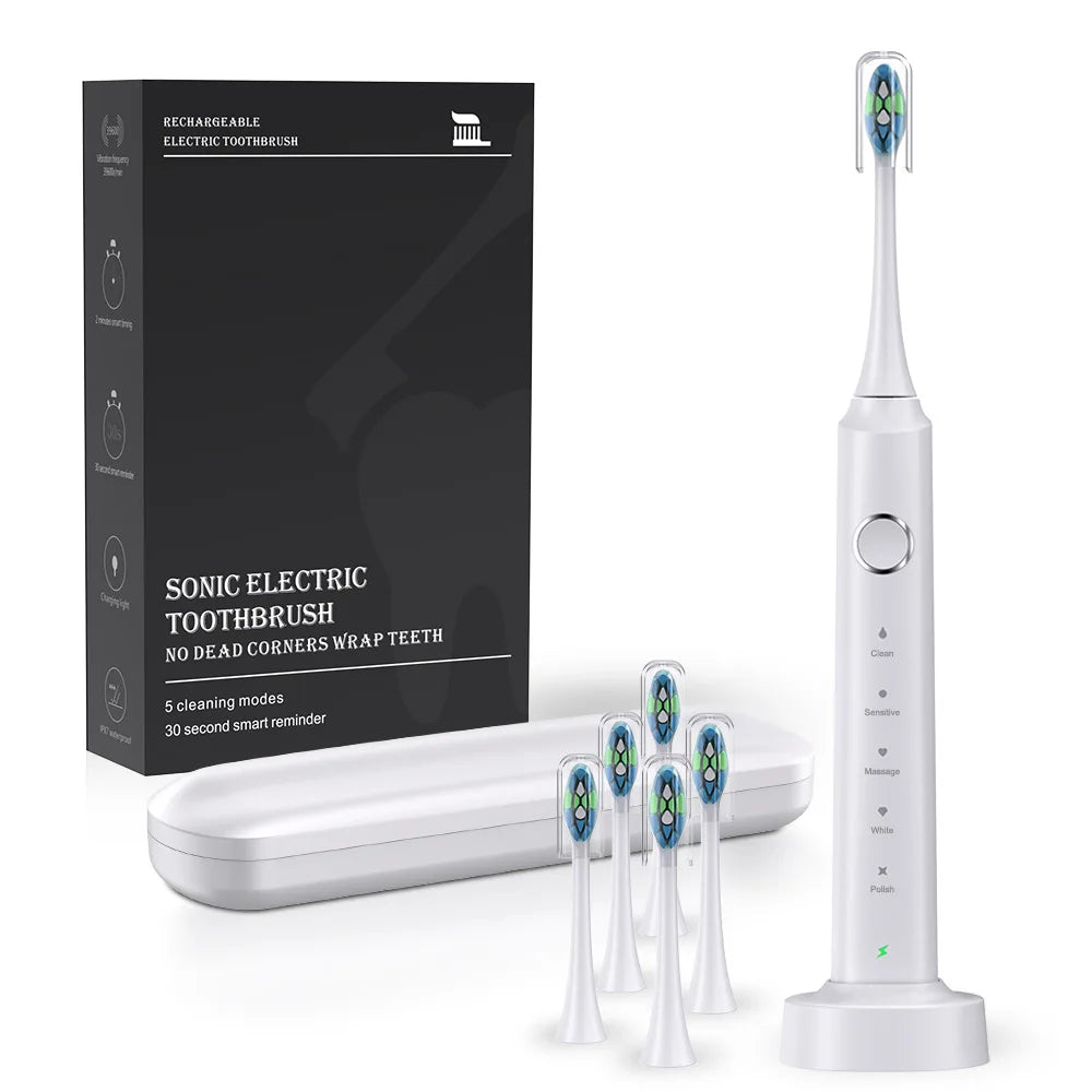 2025 New Electric Toothbrush with 6 Brush Heads and Charging Dock Rechargeable Automatic Ultrasonic IPX7 Waterpoof Toothbrush