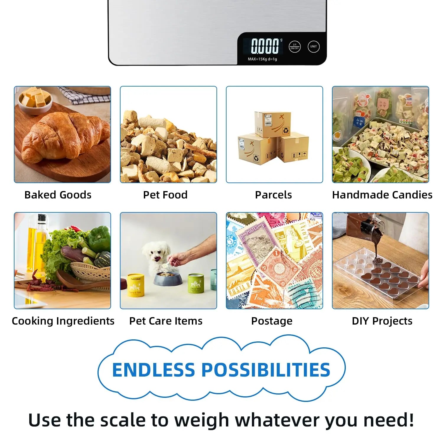 Food Scale 33lb/15Kg Digital Kitchen Scale for Food Ounces and Grams Cooking Baking 1g/0.1oz Precise Graduation USB Rechargeable