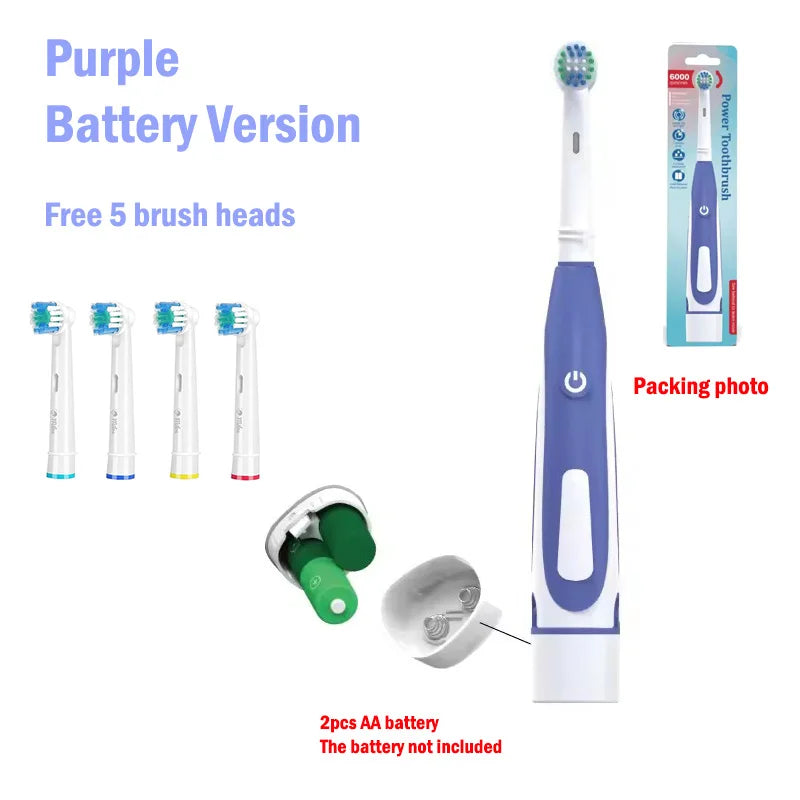 Electric Toothbrush Rounded Vibrate Heads Teeth Brush Soft Bristle Rotation Gum Care Battery Power Teeth Whitening For Adults