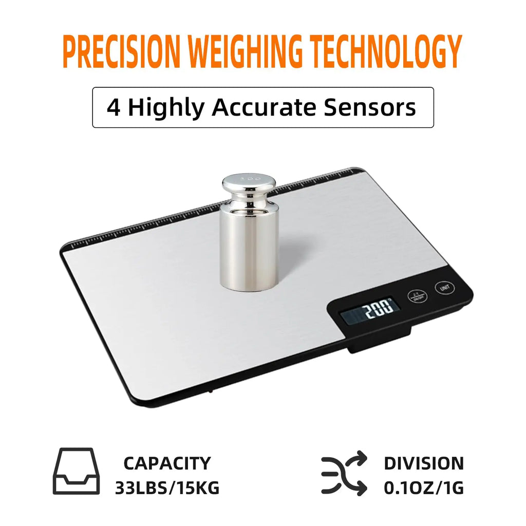 Food Scale 33lb/15Kg Digital Kitchen Scale for Food Ounces and Grams Cooking Baking 1g/0.1oz Precise Graduation USB Rechargeable