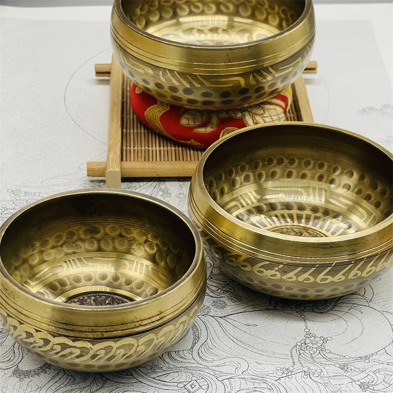 Brass Singing Bowl Tibetan Sanskrit Handmade Yoga Meditation Instrument for Sound Healing Stress Relief Buddha Mindfulness