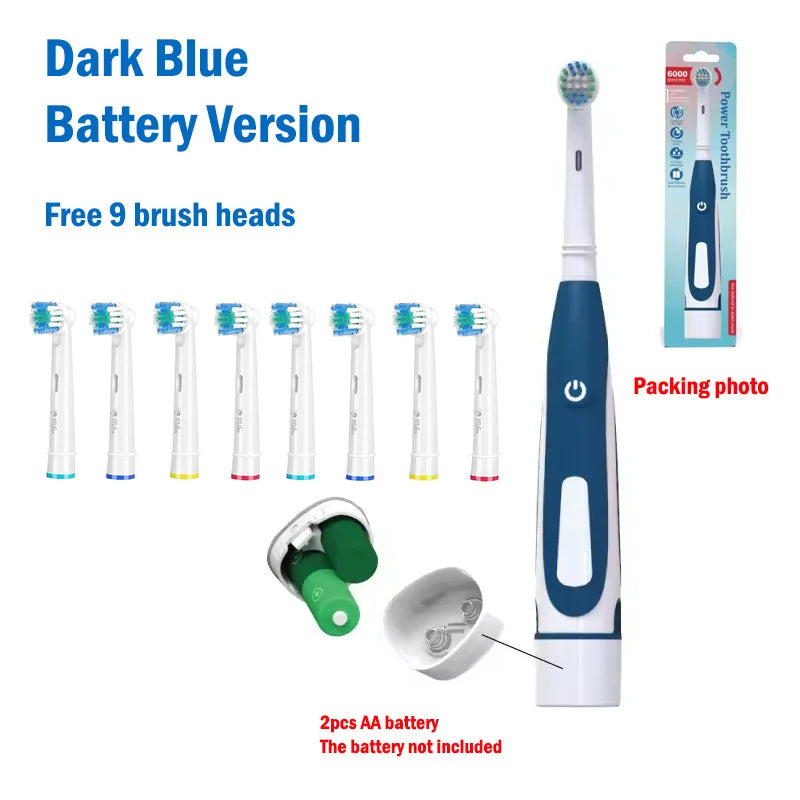 Electric Toothbrush Rounded Vibrate Heads Teeth Brush Soft Bristle Rotation Gum Care Battery Power Teeth Whitening For Adults