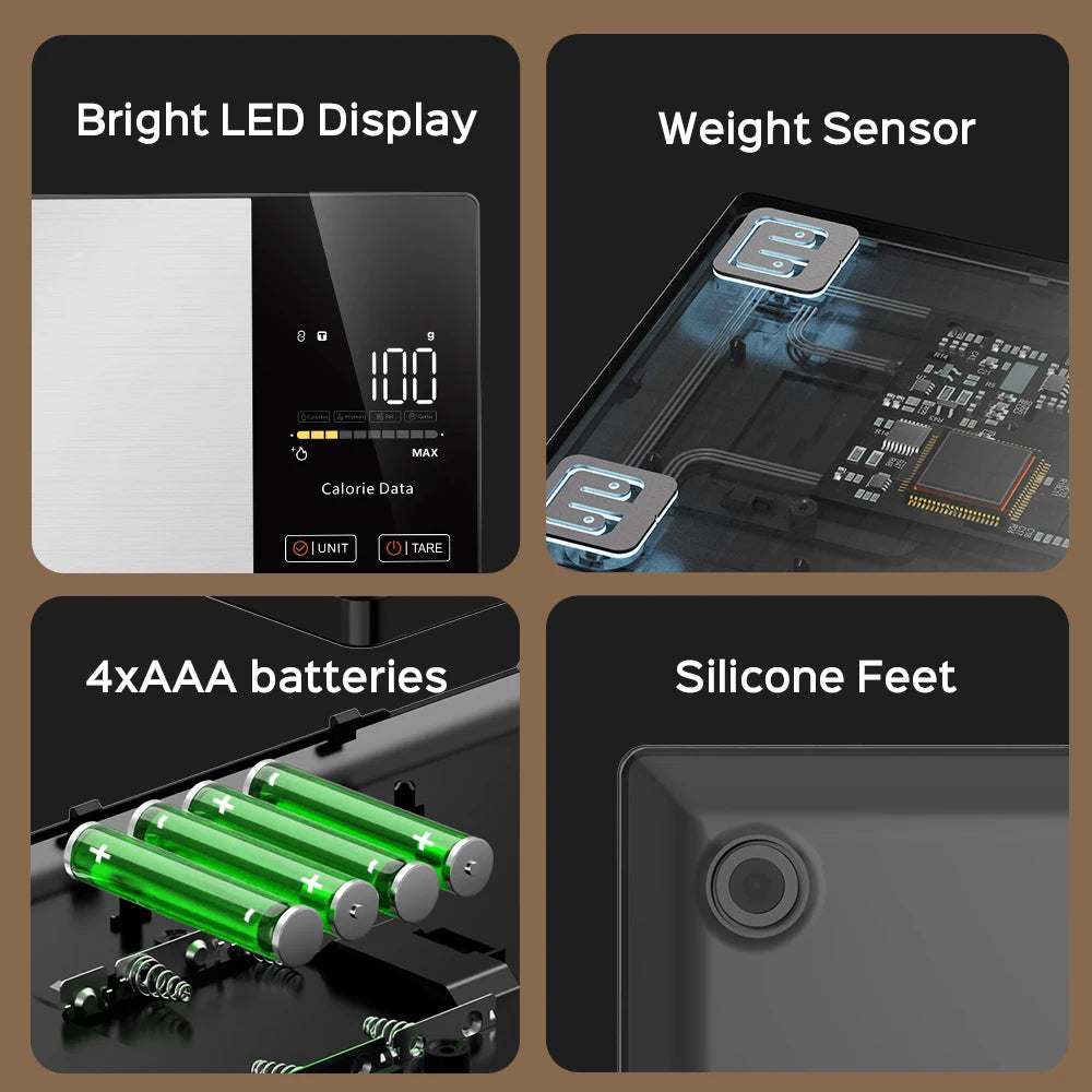 5kg Kitchen Food Scale, Smart Food Calorie Scale Kitchen Cooking Baking Scales, Stainless Steel Nutrition Scale with Free App