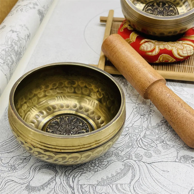 Brass Singing Bowl Tibetan Sanskrit Handmade Yoga Meditation Instrument for Sound Healing Stress Relief Buddha Mindfulness