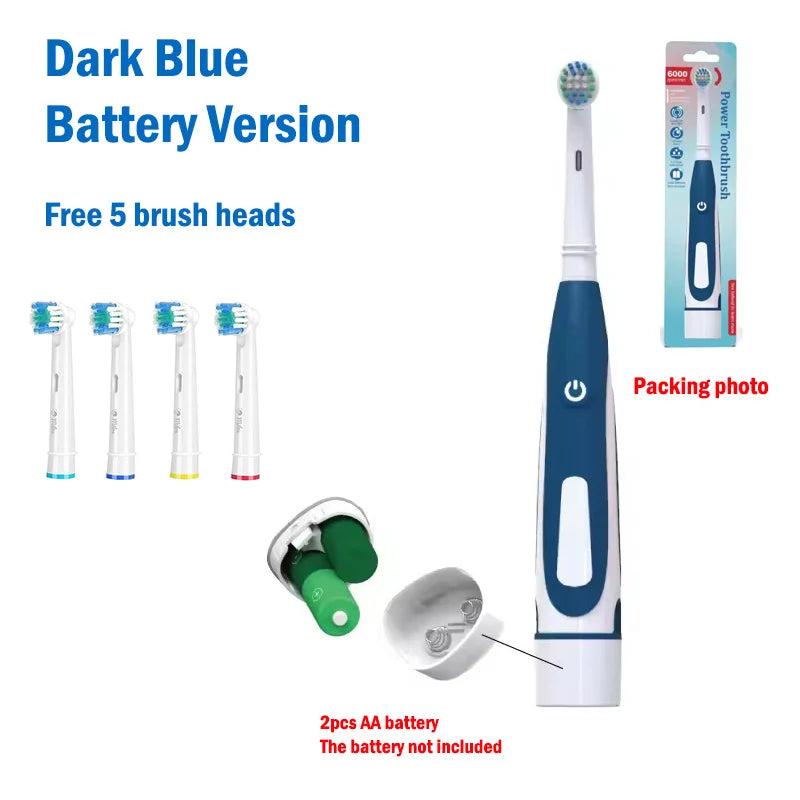 Electric Toothbrush Rounded Vibrate Heads Teeth Brush Soft Bristle Rotation Gum Care Battery Power Teeth Whitening For Adults