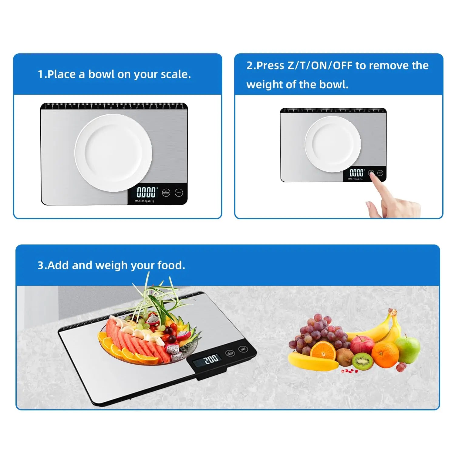 Food Scale 33lb/15Kg Digital Kitchen Scale for Food Ounces and Grams Cooking Baking 1g/0.1oz Precise Graduation USB Rechargeable