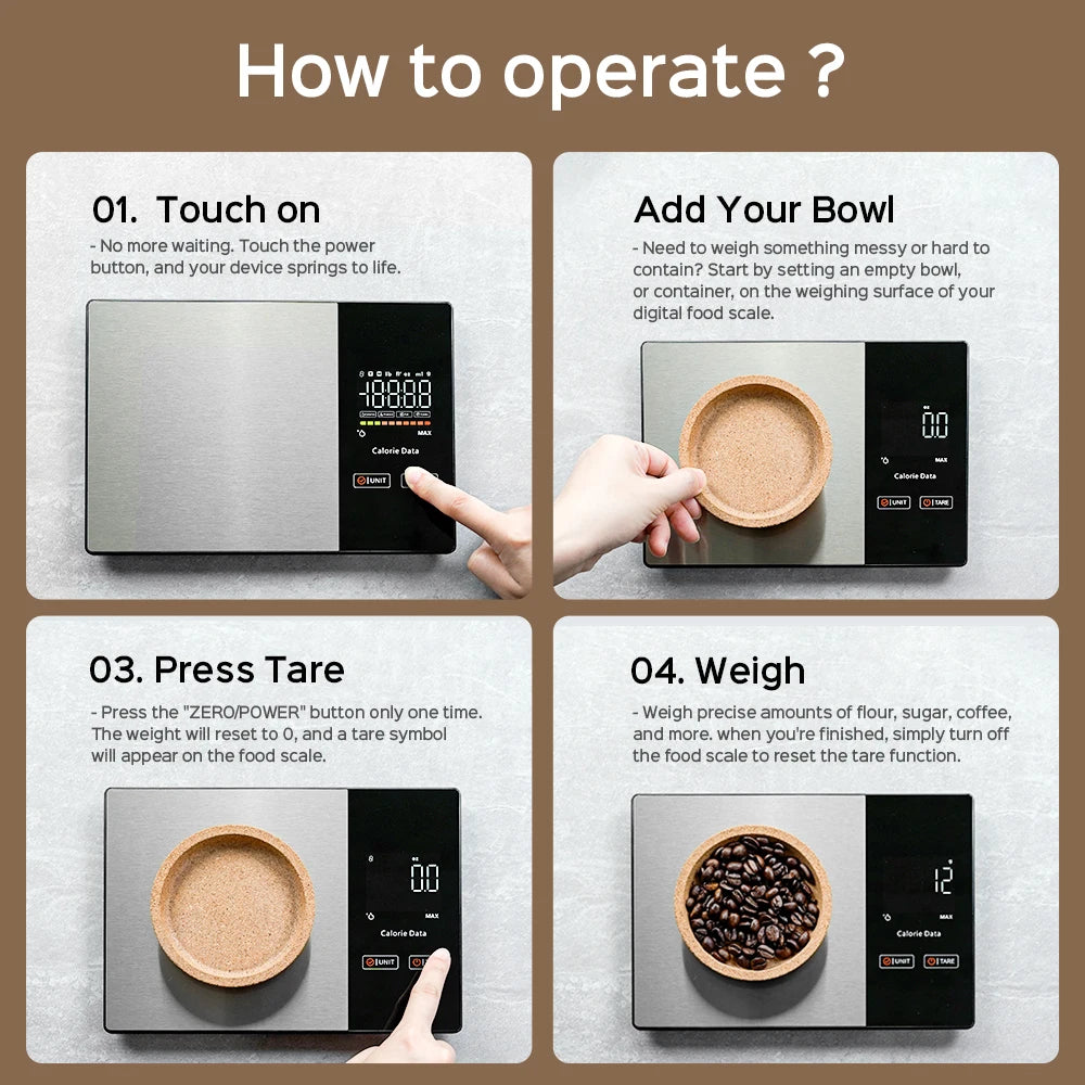 5kg Kitchen Food Scale, Smart Food Calorie Scale Kitchen Cooking Baking Scales, Stainless Steel Nutrition Scale with Free App