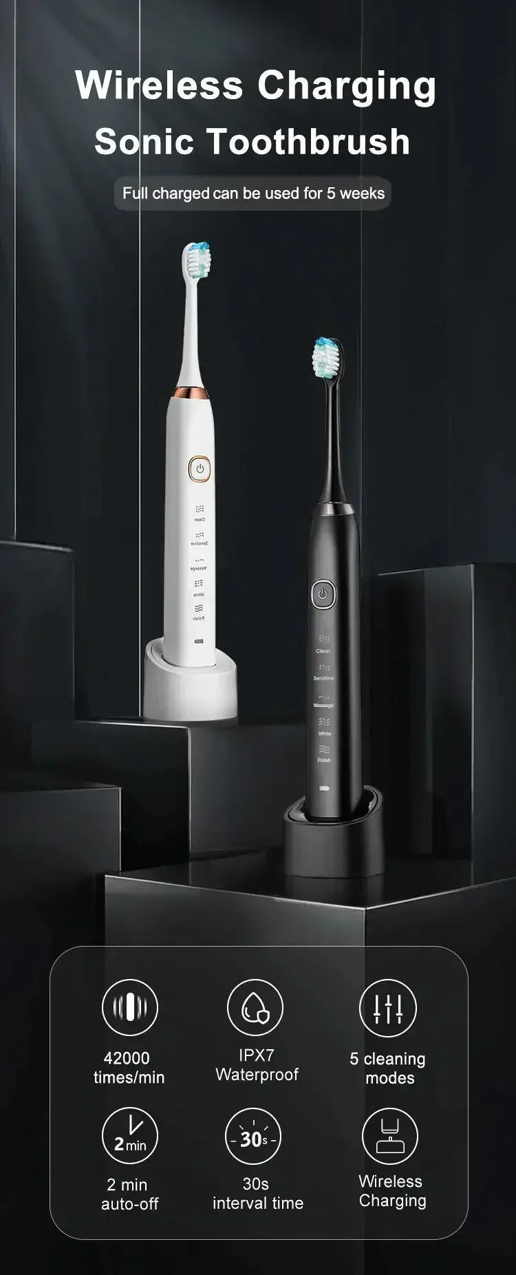 Electric Toothbrush Comes Brush Heads A Rechargeable Portable Electric Whitening Toothbrush with Holder and Travel Case
